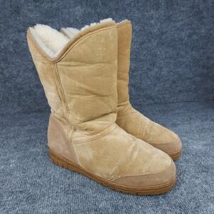 Old Friend Boots Womens Size 8 Tan Shearling Lined Suede Mid Calf Winter Pull On